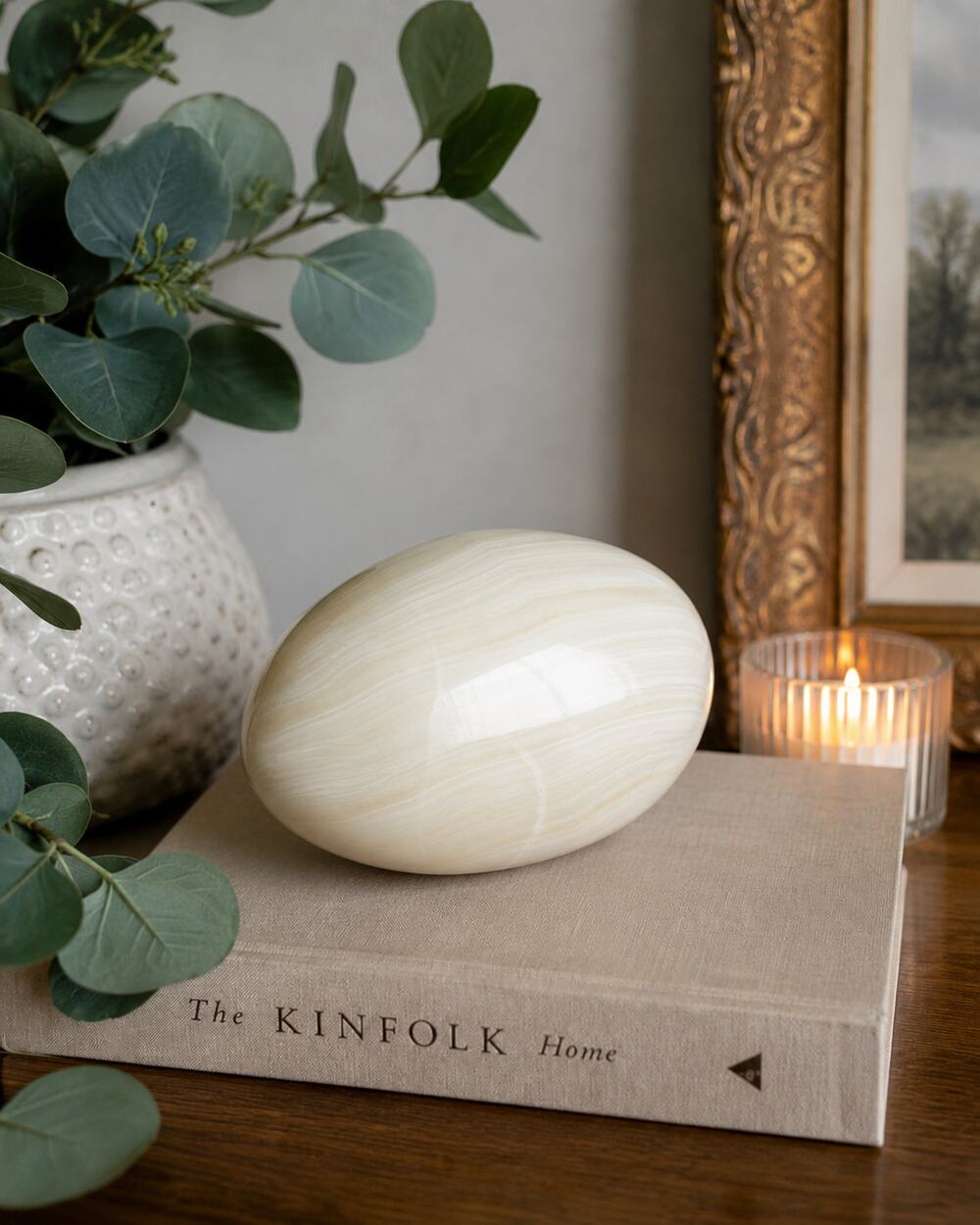 Vintage Large White Banded Onyx Egg Polished Stone Sculpture Natural Calcite 5.5